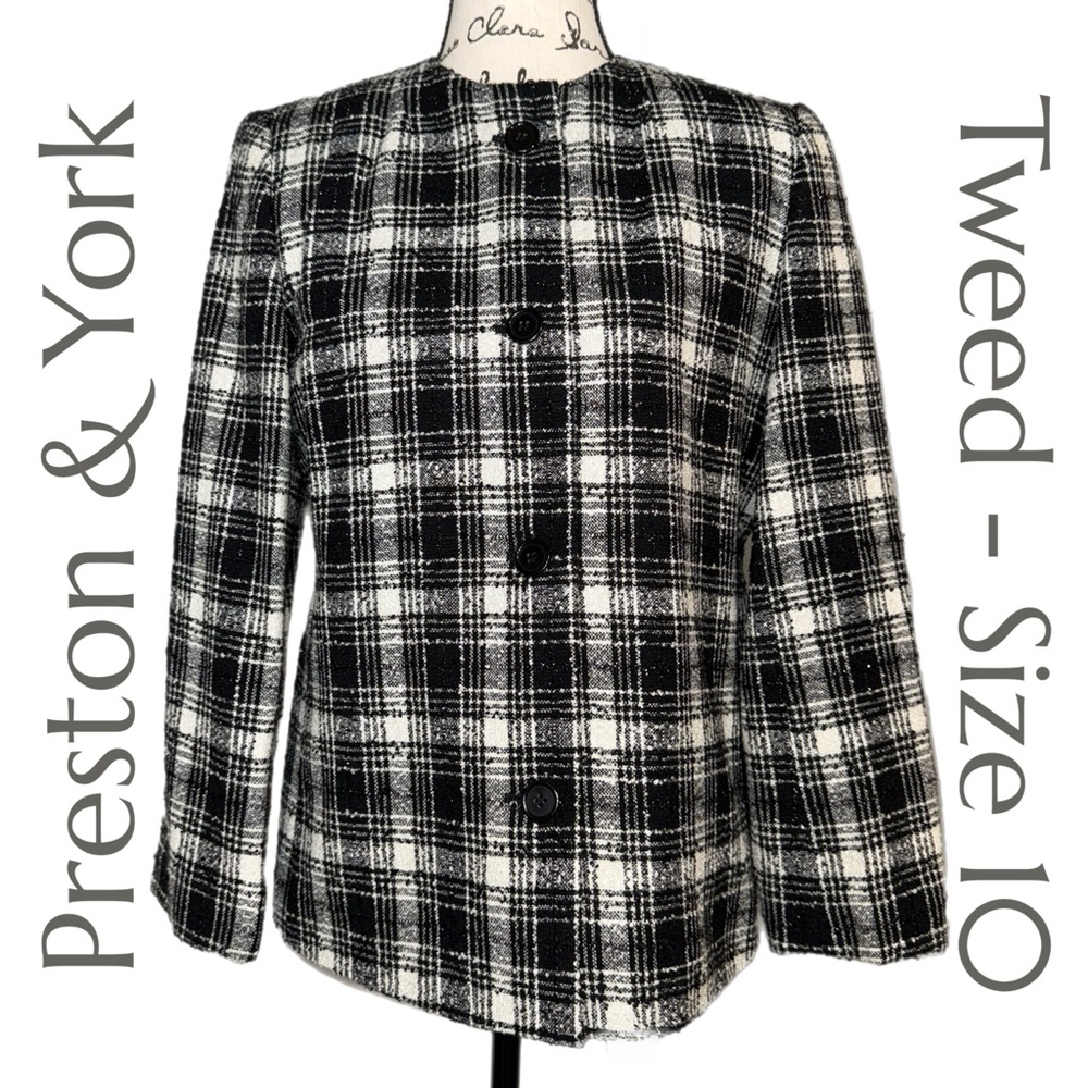 Preston & York - Button Front Plaid‎ Tweed Jacket - Size 10